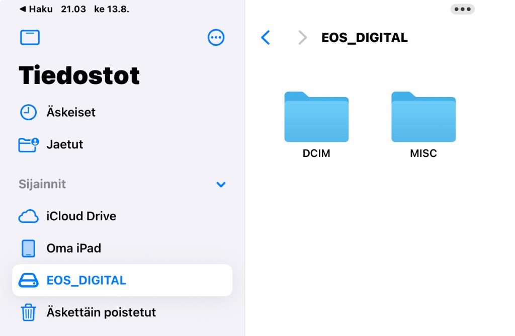iPad Tiedostot ohjelmasta kuva. Korostettuna näkyy EOS_DIGITAL lisämuisti, joka on liitetty iPadiin Studio Displayn kautta.