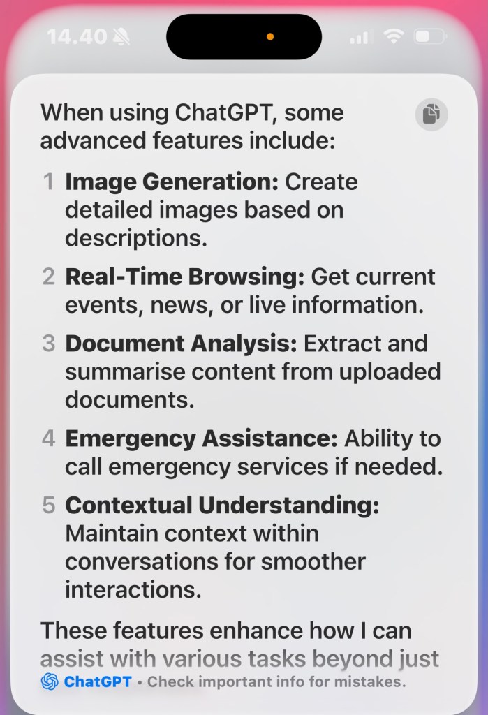 Sirin antama vastaus tekstimuodossa iPhonen näytöllä.