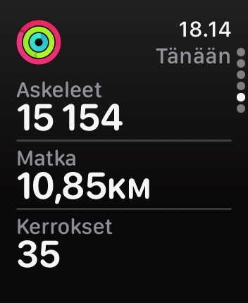 Applen Aktiivisuus-appi näyttää yksityiskohtaisesti askeleet ja kuljetun matkan. Kuvassa askeleita 15154 ja matka 10,85km.