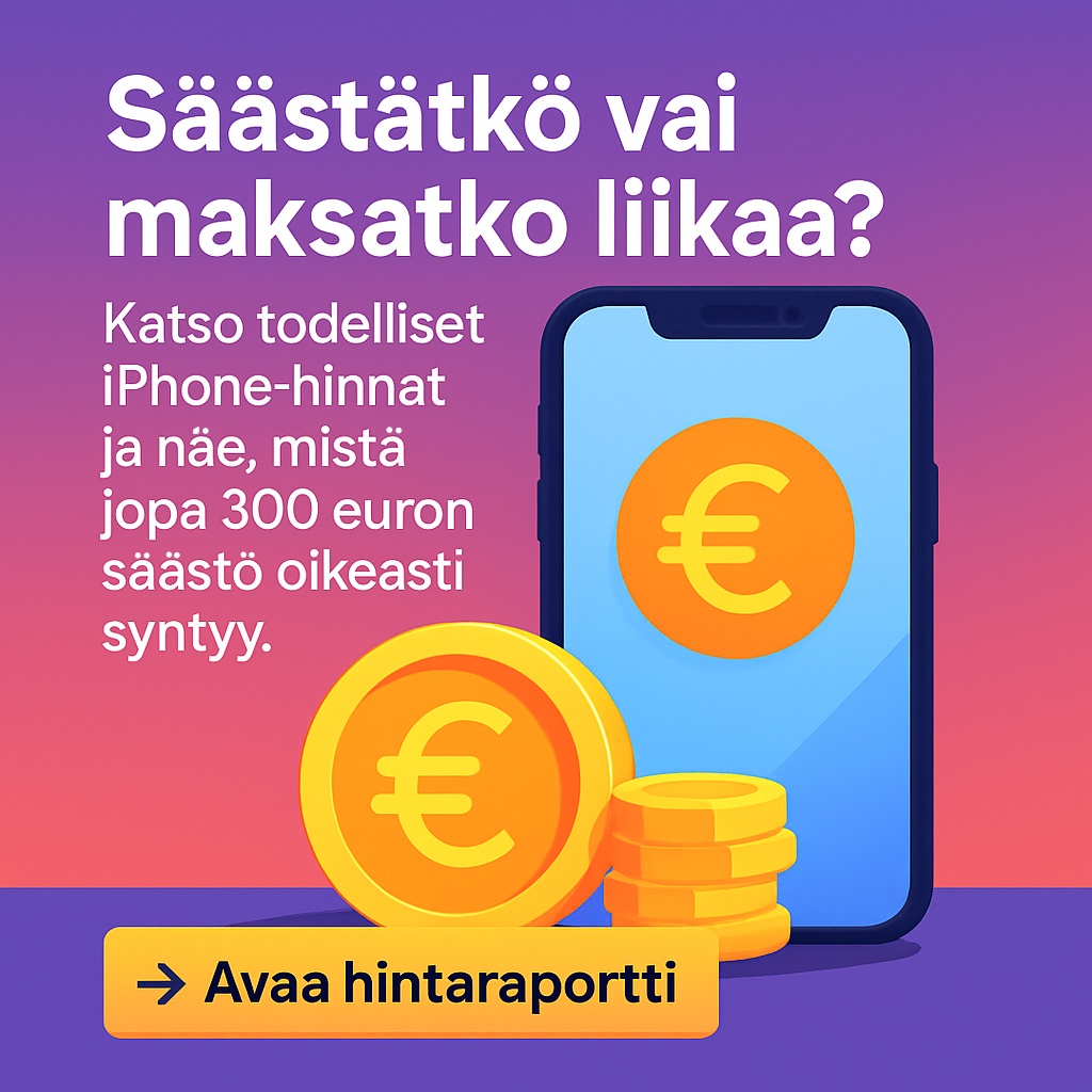 Sarjakuvamainen kuva missä iPhone ja Euron symbolit.

Käytettyjen iPhone-puhelimien pyyntihinnoissa on merkittäviä eroja yksityiskaupan hyväksi. Hintaseuranta paljastaa oikean hintatason.