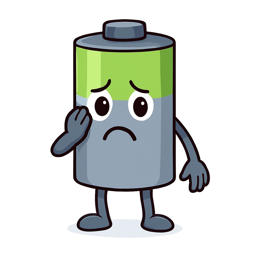 Kuvituskuva kolmiulotteisesta sylinterimäisestä akusta. Akulla on kädet ja jalat sekä huolestunut ilme.