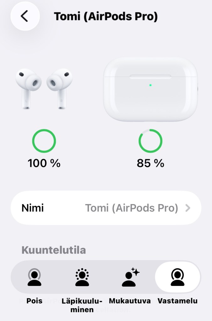 AirPods Pro 3 asetukset iPhonen näytöllä.