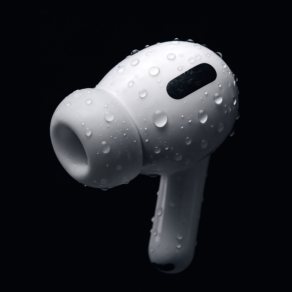 AI luoma kuva AirPods-kuulokkeista vesipisaroilla.