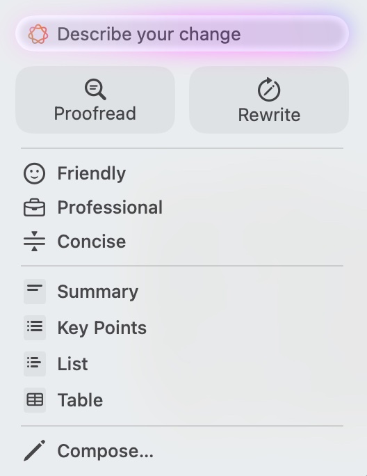 Apple Intelligencen kirjoitustyökalut avattuna MacOS-käyttöjärjestelmällä.