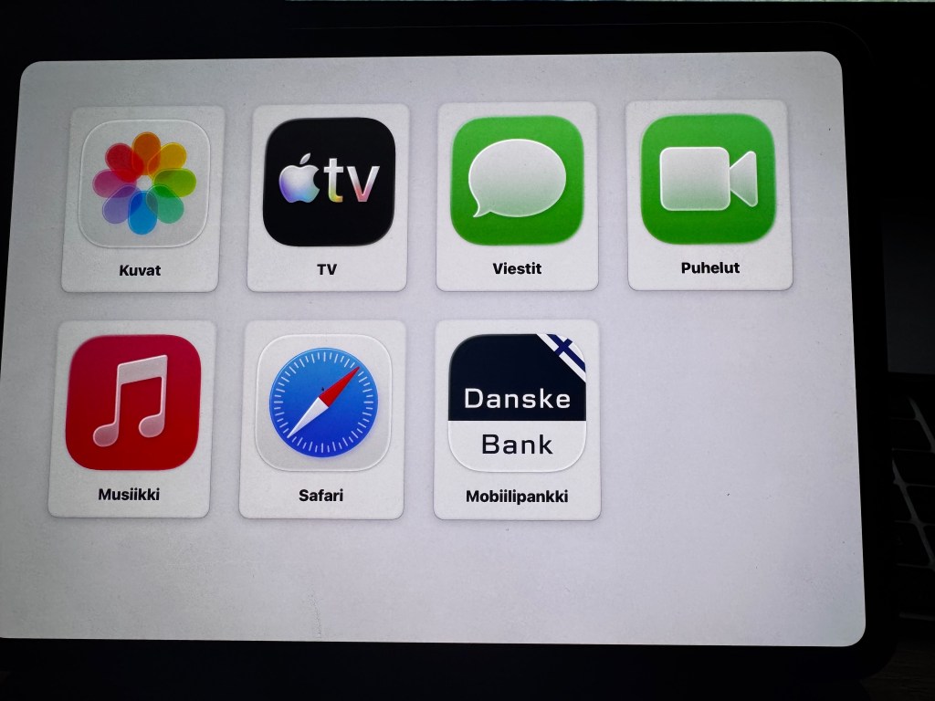 iPadin aloitusnäkymä, kun Avustettu käyttö-tila on päällä. Kuvakkeet ovat erittäin suuri eikä muita sovelluksia voi avata.
