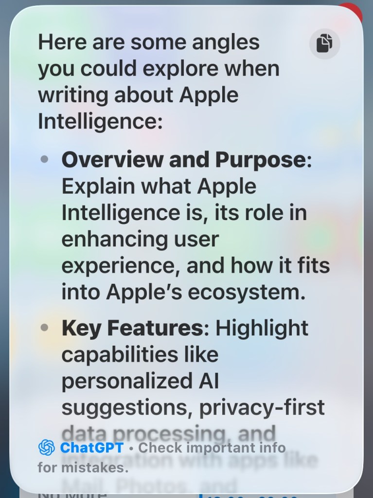 Apple Intelligencen tarjoama vastaus kysyttäessä ideoita Apple Intelligencestä kertovaan blogiartikkeliin.
