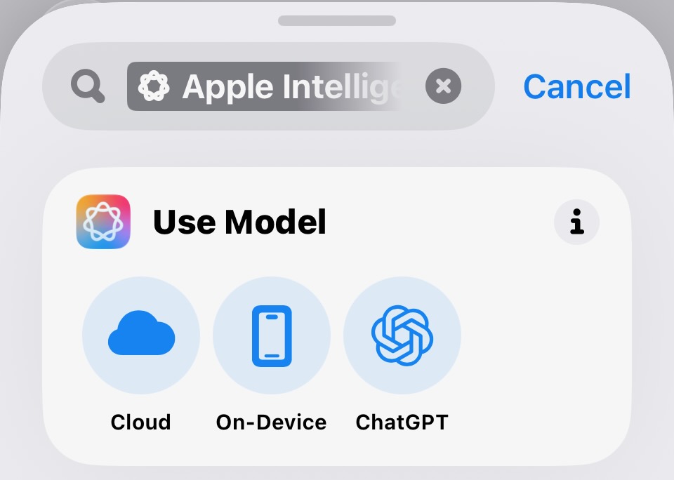 Shortcuts-appsissa voi valita luodaanko pikakomennot paikallisesti puhelimessa, Applen pilvessä vai ChatGPT:llä.