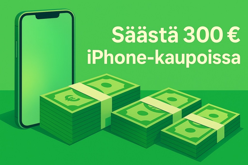 Piirrosmainen kuva iPhonesta, jonka edustalla euro-seteleitä. Kuvassa mainosteksti "Säästä 300€ iPhone-kaupoissa."