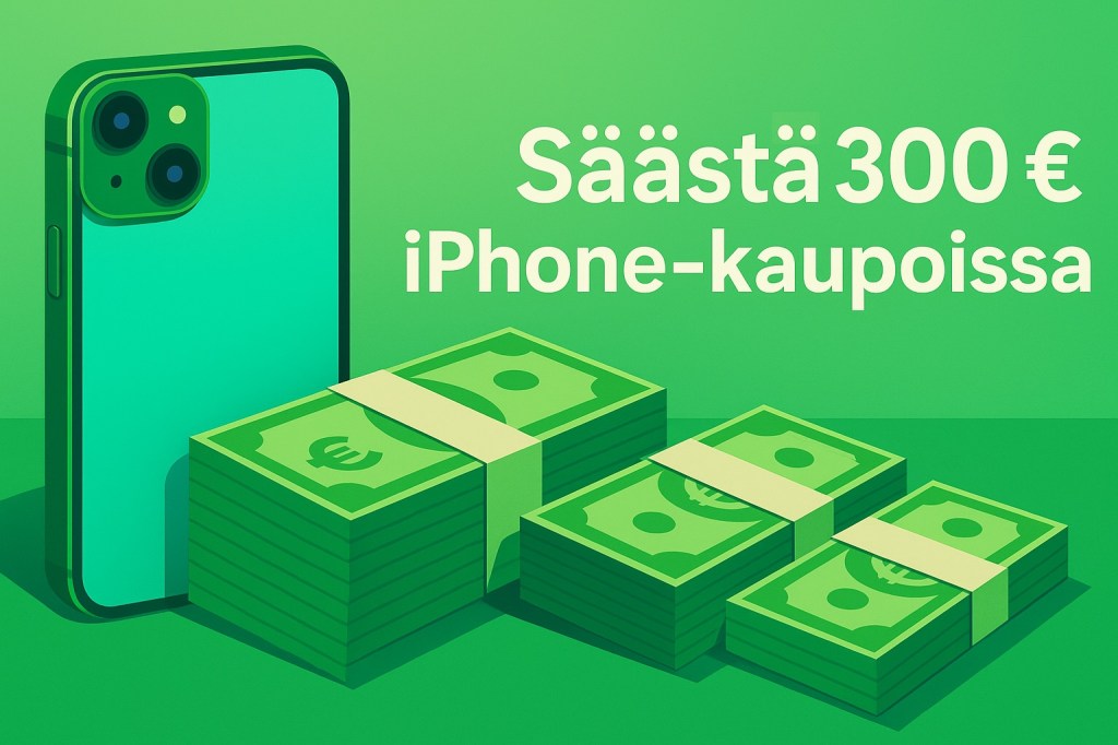 Sarjakuvamainen kuva iPhonesta ja seteleistä vihreällä taustalla. Kuvassa teksti "Säästä 300€ iPhone-kaupoissa".