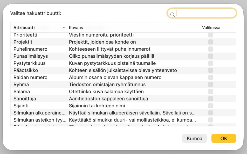Kuvaruutukaappaus älykkään kansion valittavista attribuuteista. Älykäs kansio on mahdollista rakentaa monipuolisesti.