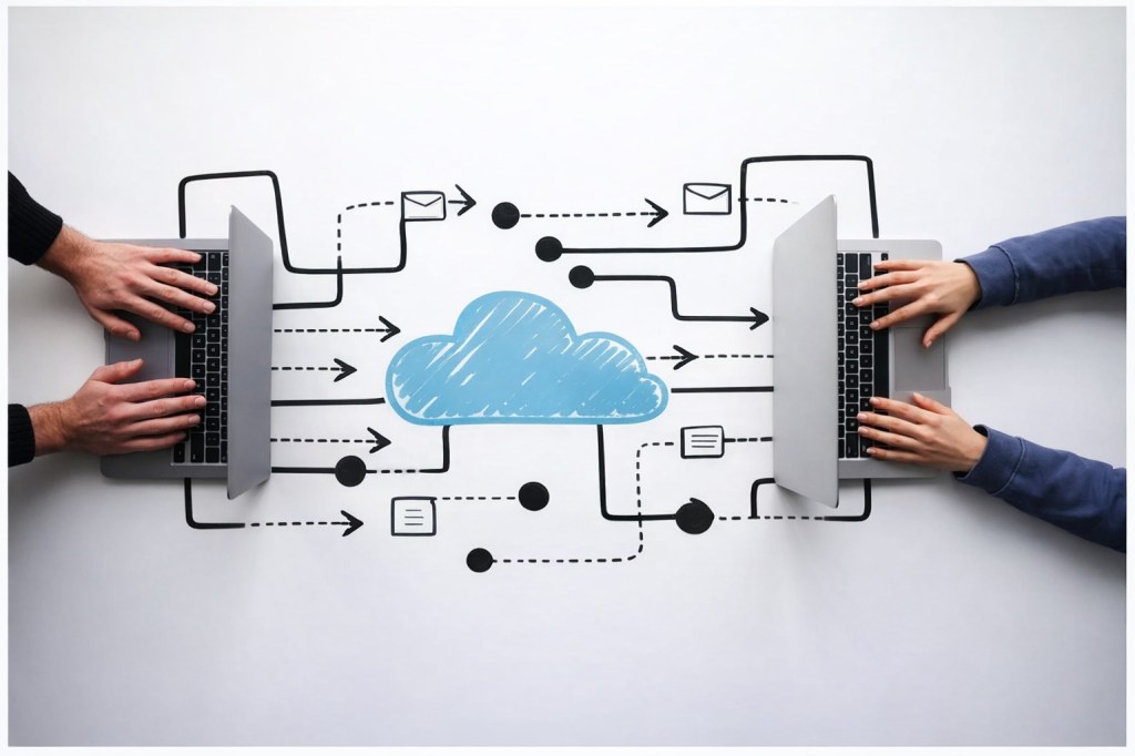 Tekoälyllä generoitu kuva, jonka keskellä pilvi. Molemmilla sivuilla näkyy kädet sekä kannettava tietokone. Tietokoneiden sekä keskellä olevan pilven välillä menee viivoja. Kuva kuvastaa tiedostojen vaihtoa pilveipalvelun välityksellä.