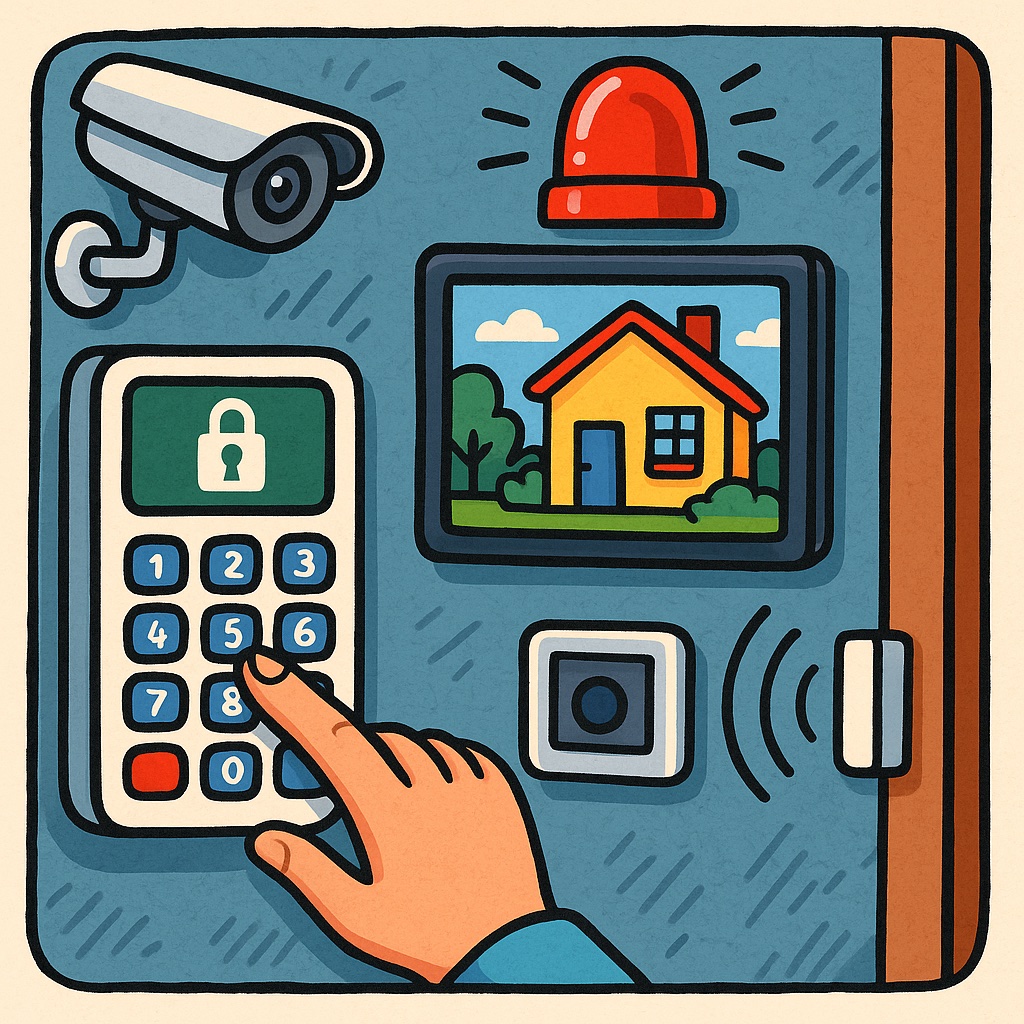 Tekoälyllä luotu sarjakuvamainen kuvituskuva. Kuvassa numeronäppäimistö, valvontakamera sekä ovisensori.