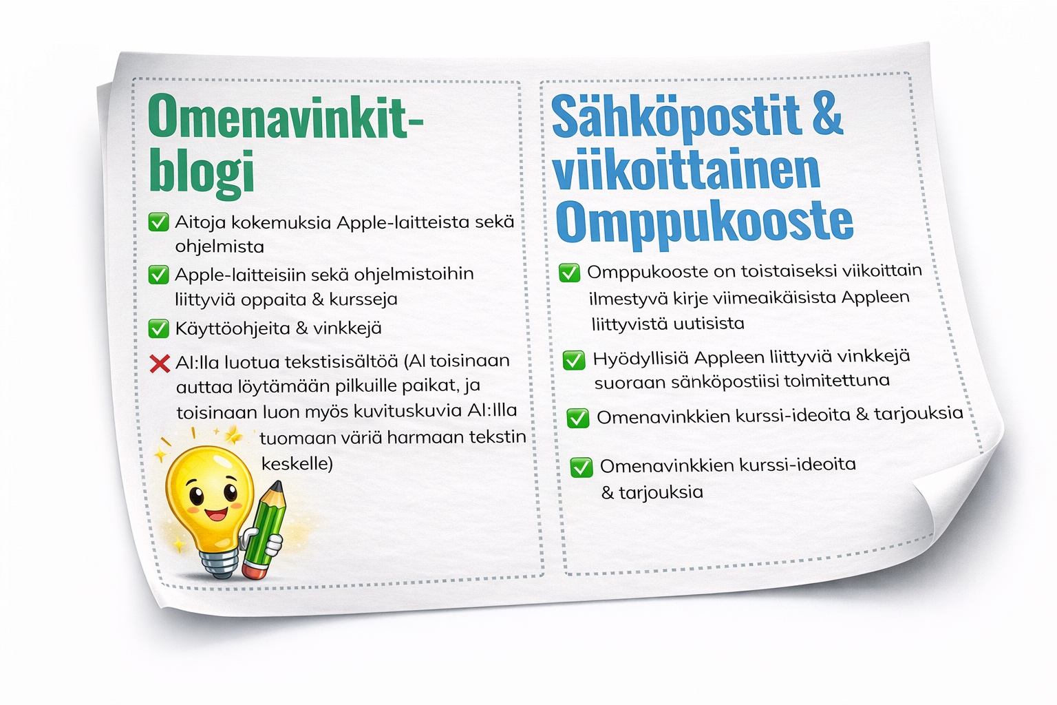 AI:lla luotu kuvituskuva Omenavinkit-uutiskirjeen sisällöstä. Teksti on ikään kuin paperilla, jonka kulmat ovat kääntyneet.