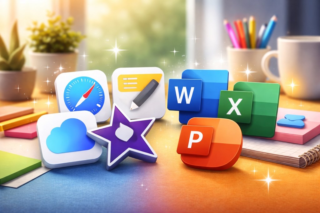 Tekoälyllä luotu kuva, jossa Applen ja Microsoftin toimisto-ohjelmien ikonit ovat pöydällä sulassa sovussa.