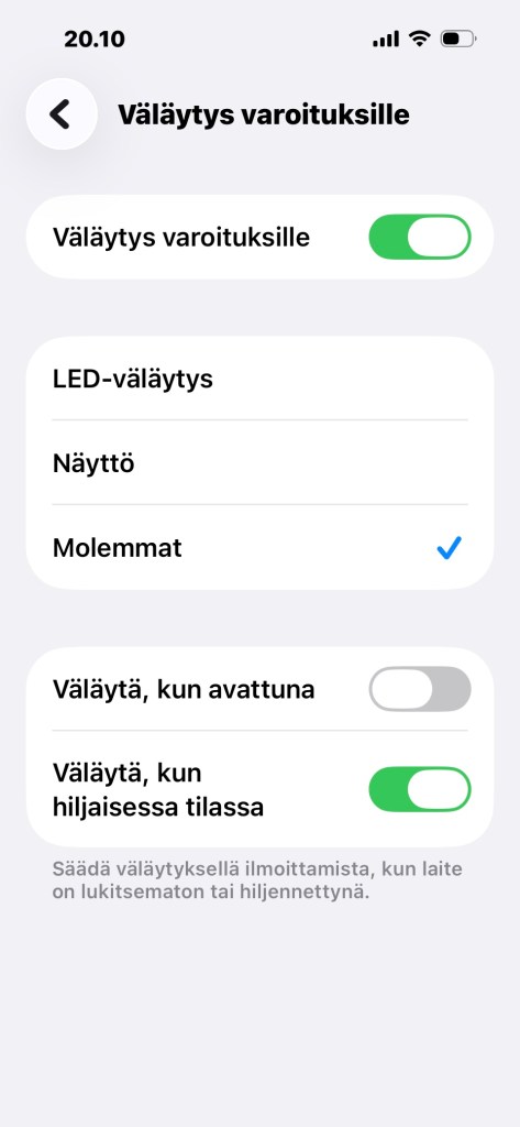 Kuvaruutukaappaus iPhonen asetuksista.