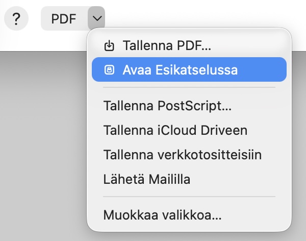 Kuvaruutukaappaus tulostusvalikosta, jossa alasvetovalikko avattuna.