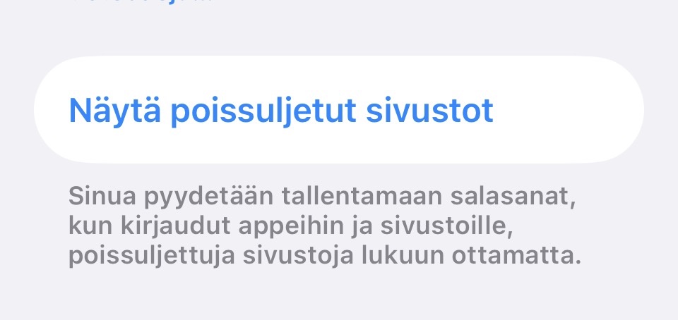 Kuvaruutukaappaus Salasanat-appin asetuksista.
