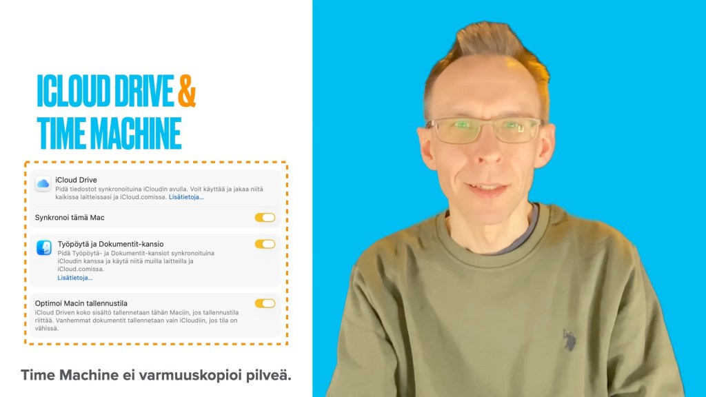 Kuvaruutukaappaus Time Machine ja iCloud Drive opetusvideosta.