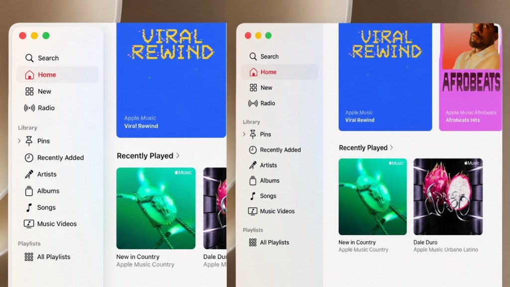 Kuvaruutukaappaukset Apple Music-ohjelmasta. Vasemmalla vanha macOS 26 versio ja oikealla uudistettu macOS 27. Musiikkiohjelman vasen palkki on saanut raikkaamman ilmeen.